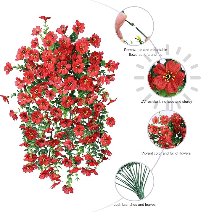 HyeFlora Artificial Hanging Flowers for Outdoors Decoration, 2Pcs Red Fake Spring Summer Decor, Realistic Plants, UV & Fading Resistant Flower for Porch Patio Balcony Planter Yard Home Garland
