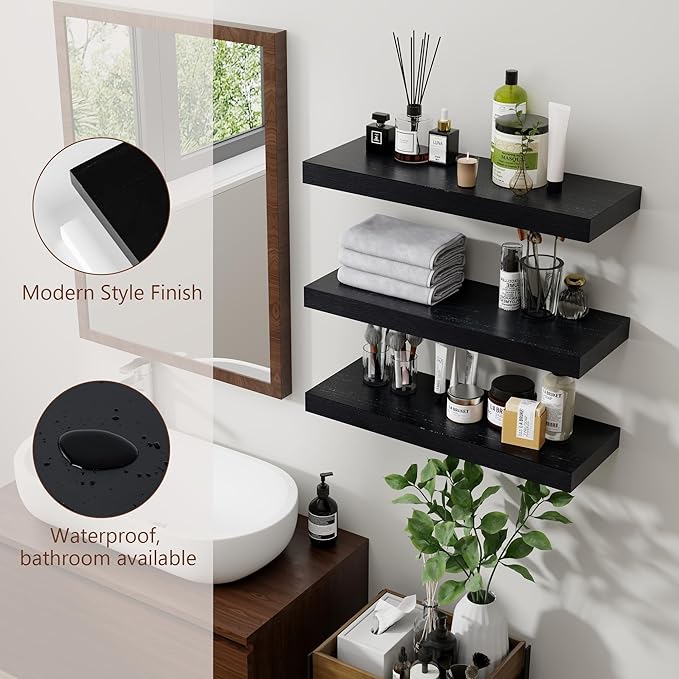 Black Floating Shelves for Wall, Wooden Shelves for Wall Set of 3, Modern Black Shelves for Bedroom Living Room Bathroom Kitchen, Shelves for Wall Decor Storage - Black