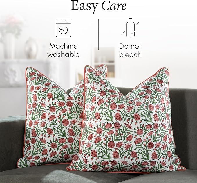 CPC 100% Cotton Throw Pillow Covers 18x18 Inch, Set of 2 Red Block Print Pattern Couch Pillow, Cute Boho Decorative Pillows for Living Room, Bedroom with Hidden Zipper- Red Garnet