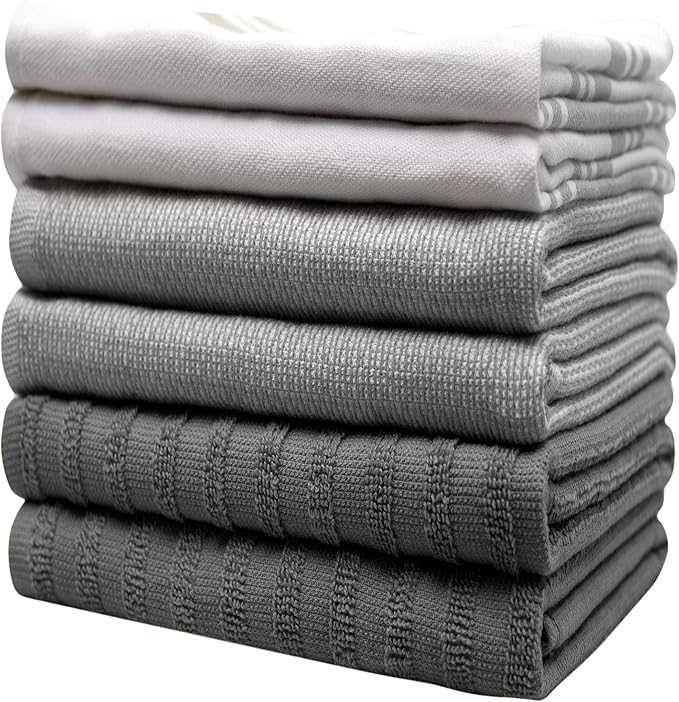 6 Pack 20x28" Absorbent Cotton Kitchen Towels with Hanging Loop - Grey Striped