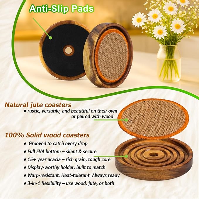Wooden Coasters Set of 6 with Holder (3.9") – Rustic Acacia Drink Coasters with Water Groove & Non-Slip EVA Base – Gift-Ready for Coffee Table, Bar & Kitchen Decor