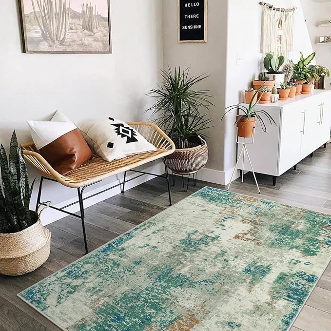 Lahome Modern Abstract Area Rugs 3x5 Washable Rug, Throw Rugs for Bedroom Low Pile Anti Slip, Distressed Accent Carpet for Entryway Kitchen Bathroom Laundry Front Door, Green/Grey