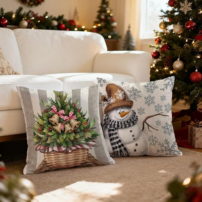 Christmas Pillow Covers 18x18 inch Set of 4, Holiday Winter Outdoor Vintage Snowflake Xmas Snowman Neutral Farmhouse Seasonal Burlap Reindeer Decorations for Sofa Couch