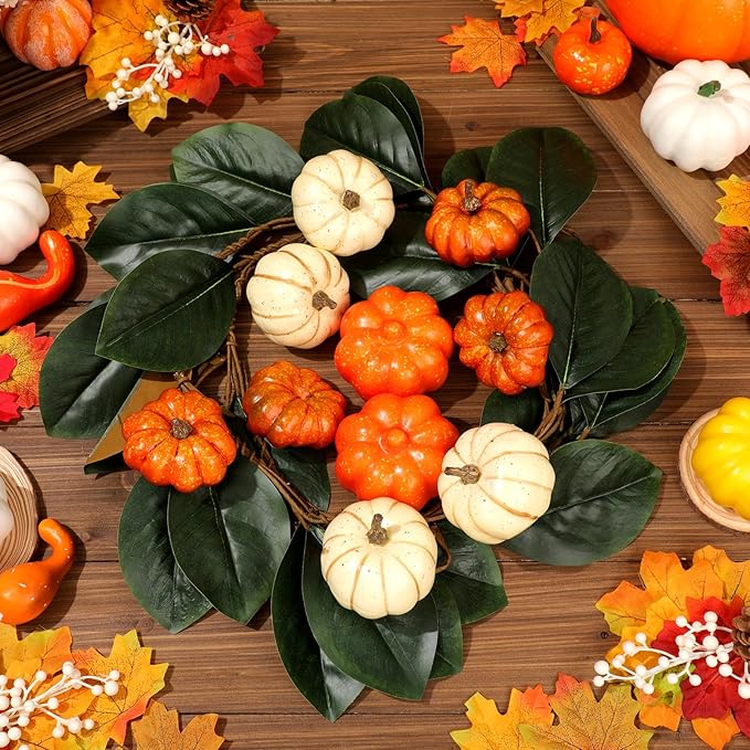 Zeyune 2 Pcs 6ft Fall Decor Fall Garland with Pumpkins Artificial Mixed Magnolia Leaves Farmhouse Hanging Rustic Autumn Garlands Decor for Front Door Kitchen Fireplace Home Indoor Outdoor