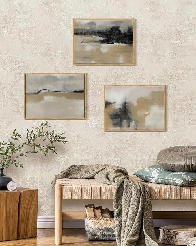 KUVIOKE Black Gray Abstract Framed Wall Art Minimalist Modern Neutral Wall Art Decor for Living Room Hallway Bedroom Ready to Hang 11x14in (Natural Framed)