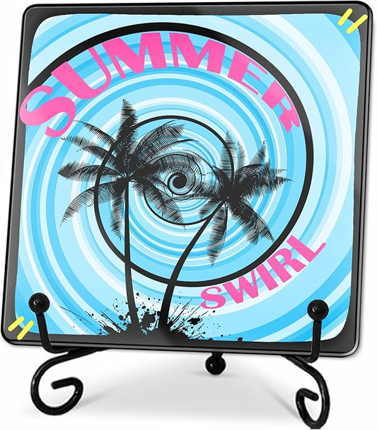 Summer Swirl Acrylic Sign With A Metal Support - 4x4" Seasonal Abstract Blue & Black Tabletop Acrylic Plaque - Home Desk Office Shelf Aesthetic Display Art Decoration & Favors For Women Men - A02