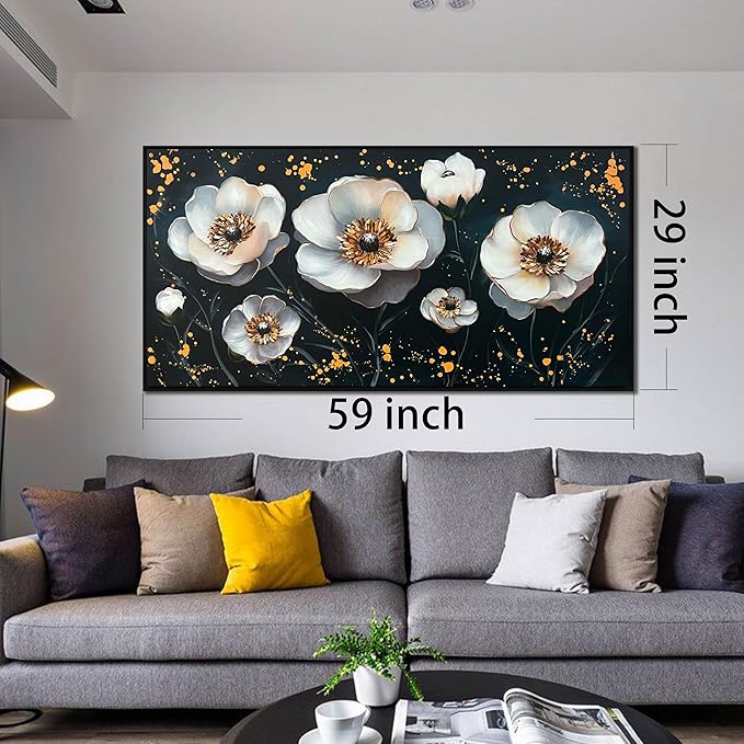 CIRABKY Gold and White Flower Hand Painted Wall Art for Bedroom - Black and White Art Pictures for Wall in Living Room - Big Picture Frames for Wall Size 29" x 59"