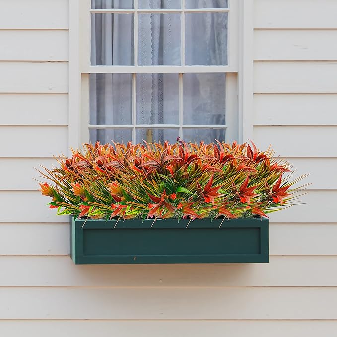 Uieke 6Pcs Outdoor Artificial Plants UV Resistant, Fake Morning Glory Flowers with Orange Grass, Tropical Flowers Fall Leaves Foliage for Garden Patio Sidewalk Décor Red