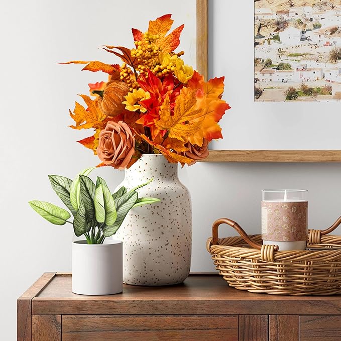 GENMOUS Fall Decor - 2 Pcs Artificial Fall Flowers, Fake Flowers for Autumn, Faux Fall Floral Arrangements Stems Maple Leaf for Home Fall Wedding Bouquet Table Centerpieces Thanksgiving Decoration