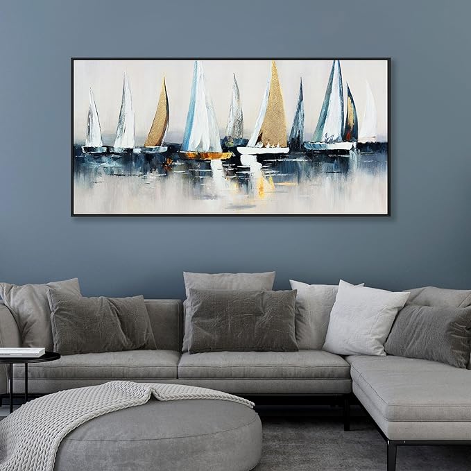 Abstract Wall Art Blue and White Sailboat Wall Paintings Framed Artwork for Living Room Bedroom Bathroom Office Home Decor Can Be Hung Directly 29"x 58"