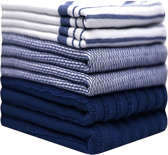 Premium Kitchen Towels 20”x 28”- 6 Pack | Large Cotton Kitchen Towels | Hand Towels for Kitchen | Flat & Terry Towel | Dish Towels | Highly Absorbent Tea Towel with Hanging Loop | Navy Blue Striped