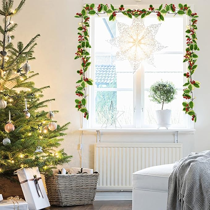 Juegoal 2 Pack Christmas Garlands, 6.5FT Pre-lit Red Berries & Holly Leaves Garland, Artificial Lighted Garland Battery Operated with Timer, Indoor Outdoor Fireplace Gate Home Winter New Year Decor