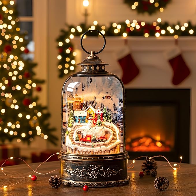 Christmas Snow Globe Lantern Water Glittering Snowman & Train with Music & Timer, USB Lined/Battery Operated Lighted Lantern for Christmas Festival Decoration Gifts