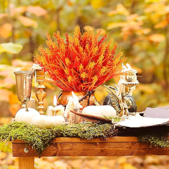 N&T NIETING 6 Bundles Artificial Fall Plants Outdoor Fake Monkey Grass with Lavenders Flowers for Pot Garden Verandah Decor for Thanksgiving Autumn Weddings Patio Hanging Planter Front Porch (Orange)