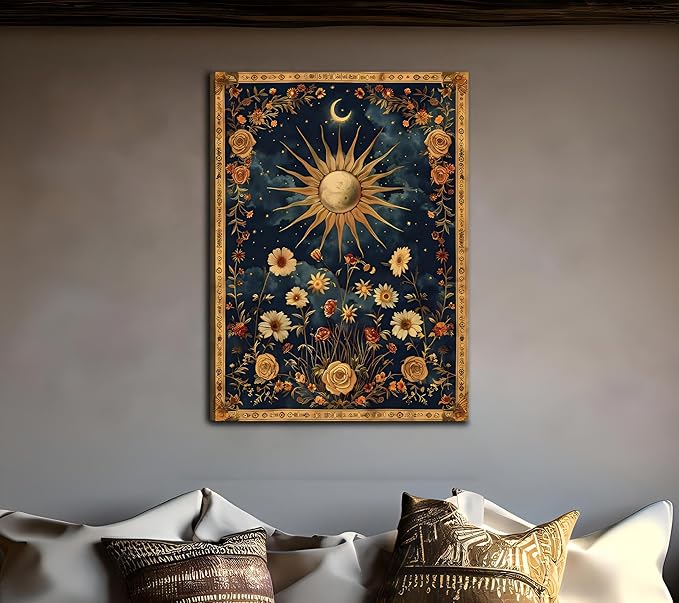 Sun and Moon Celestial Canvas Wall Art Tarot Crescent Moon Wall Decor Pictures Gothic Wildflowers Painting Posters Prints Aesthetic Dark Academia Vibe Artwork for Bedroom Home Decor Framed (16inx24in canvas)