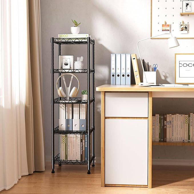 GIOTORENT 5 Tier Standing Shelving Metal Units, Adjustable Height Wire Shelf Display Rack for Laundry Bathroom Kitchen 11.8 W x 11.8 D x 50 H (5-Tier, Black)