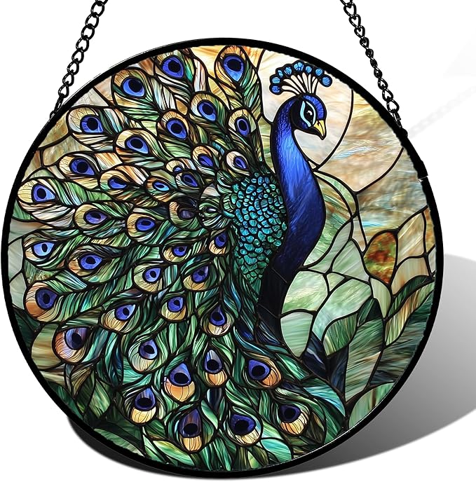 Stained Glass Window Hanging, Blue Green Peacock Decor Suncatcher for Door Garden Home Decoration Bird Sun Catchers Christmas Mother's Day Birthday Gifts for Women Men Mom Nana Friend 9.8 in