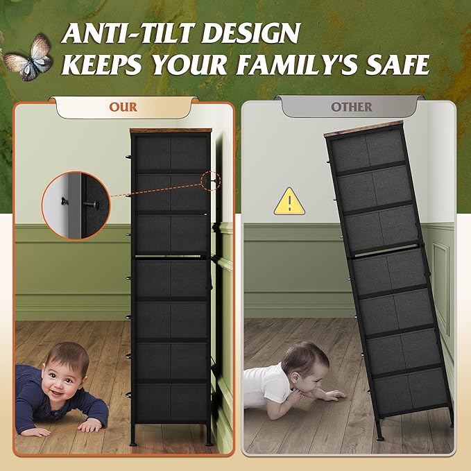 WLIVE Tall Dresser for Bedroom, 7 Drawer Dressers & Chests of Drawers, Fabric Dresser for Closet, Night Stand with Metal Frame, Storage Tower with Fabric Bins, Wood Top, Rustic Brown Wood Grain Print