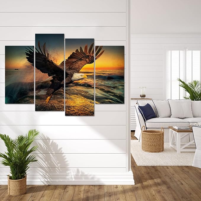 RnnJoile Bald Eagle Canvas Wall Art Flying Eagle Sunrise Pictures Prints Large Bird Above Sea Scenery Painting Artwork for Bedroom Living Room Decoration Framed