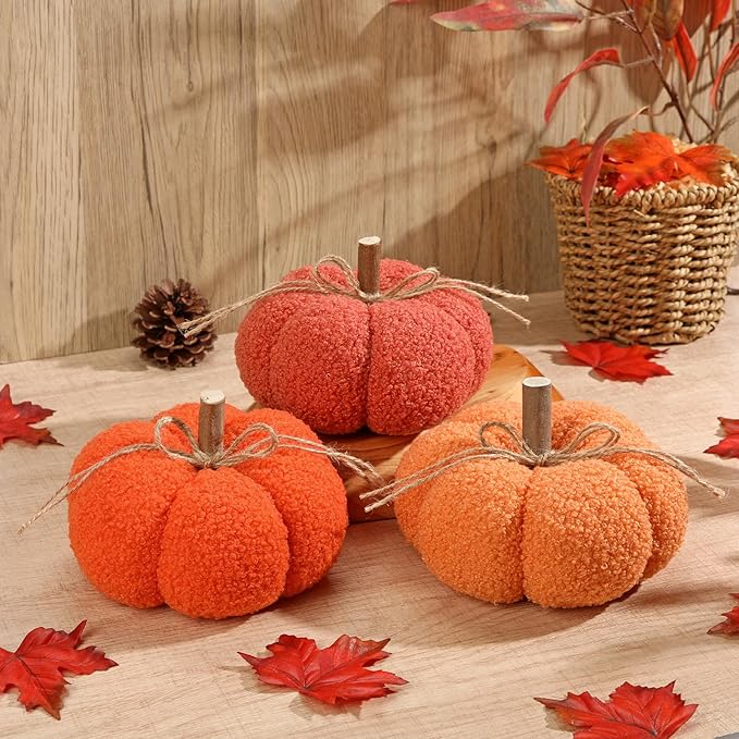 6" Fake Fall Pumpkin Decorations for Home, 3 Pcs Artificial Big Fabric Pumpkins Autumn Decor Faux Pumpkins for Decorating, Fall Wedding Table Centerpiece Mantel Harvest Decor, Halloween, Thanksgiving