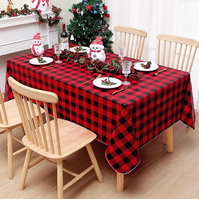misaya Round Christmas Waterproof Vinyl Table Cloth, Buffalo Flannel Backed Tablecloth, Wipeable Plastic Table Cover for Dinner, Kitchen (60", Red and Black)