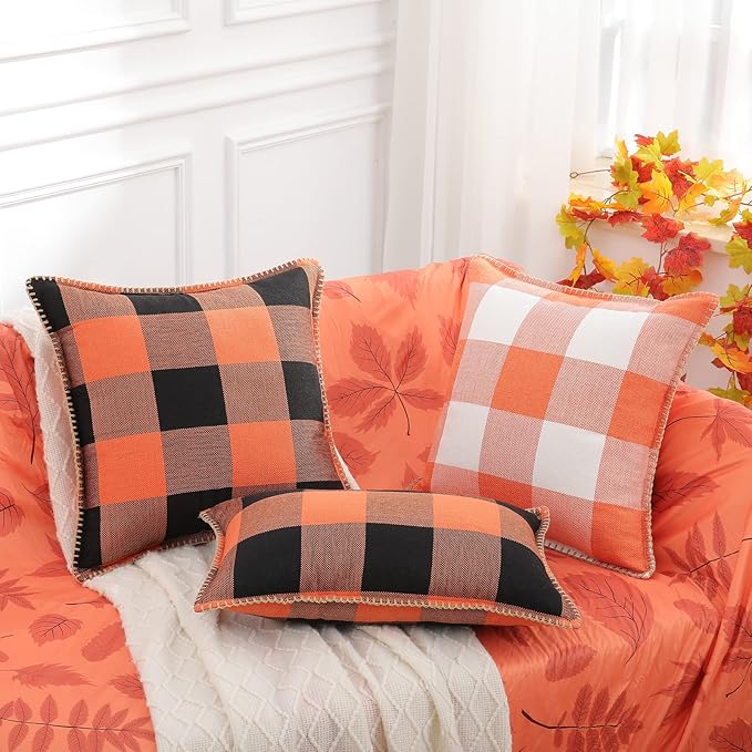 decorUhome Farmhouse Gingham Buffalo Plaid Check Throw Pillow Covers 18x18 Set of 2, Outdoor Fall Linen Decorative Pillow Covers with Stitched Edge for Bed Couch Sofa, Orange and Black