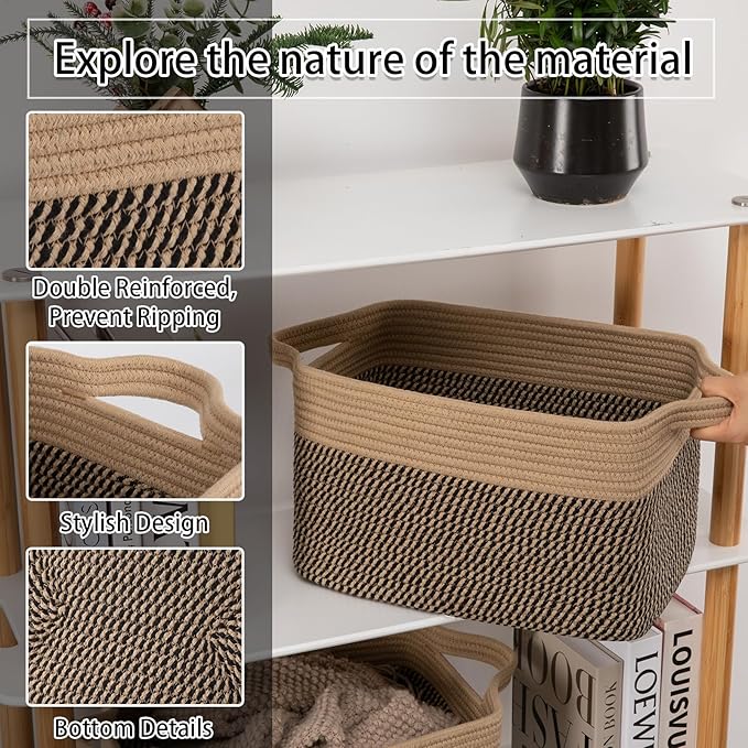 OIAHOMY 3 Pack Storage Basket for Organizing, 13''X9.85''X8.7'' Storage Bins,Woven Basket Basket with Handles, Toy Storage Basket Bin,Stylish Room Decor Basket, Brown & Black