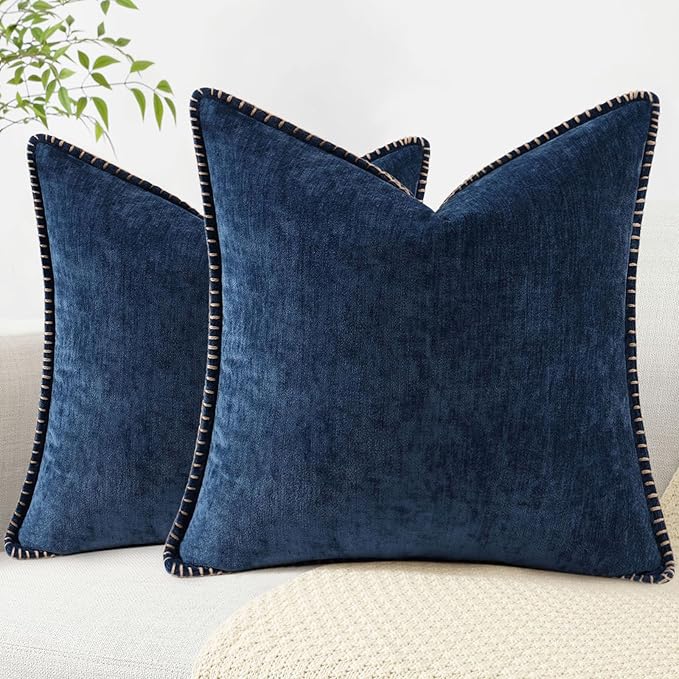 decorUhome Chenille Soft Throw Pillow Covers 26x26 Set of 2, Farmhouse Velvet Neutral Decorative Euro Pillow Covers with Stitched Edge for Couch Sofa Bed Home Decor, Poseidon