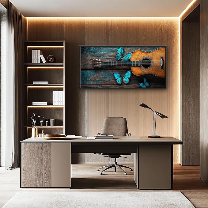 Olivine Music Wall Art, Guitar Pictures Wall Decor, Butterfly Painting, Vintage Musical Instruments Canvas Prints, Framed Artwork for Bathroom Bedroom Living Room Office Home Decoration 60"x30"