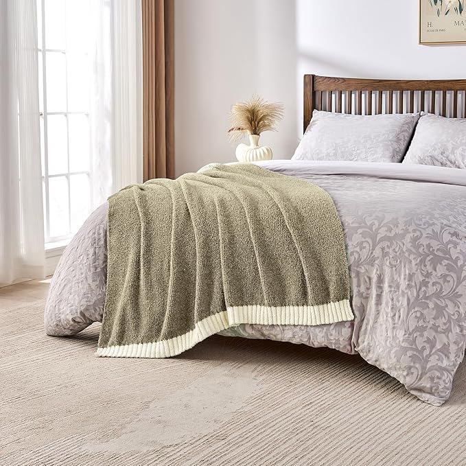 CozeCube Melange Blanket, Ultra Soft Olive Green and White Throw Blanket, Warm Cozy Knit Fuzzy Plush Reversible Throw for Couch Bed Sofa, 60"x80"