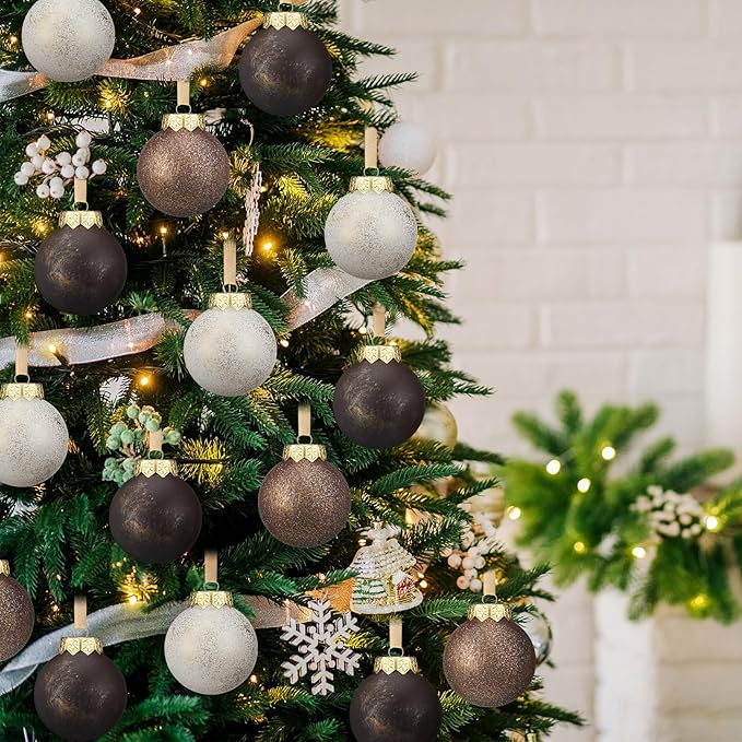 12 Pcs Neutral Textured Christmas Ball Ornaments 2.36'' Vintage Christmas Tree Decor Modern Rustic Brown Ornaments with Loop Shatterproof Hanging Ball for Xmas Farmhouse Decor (Dark Brown)