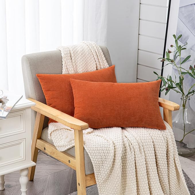 GAWAMAY Lumbar Pillow Decorative Rectangle Throw Pillow Covers 12"x20" Inch Set of 2, Super Soft Chenille Pillowcase for Living Room Bedroom Sofa Couch Cushion Cover Burnt Orange 30x50cm (ONLY COVERS)