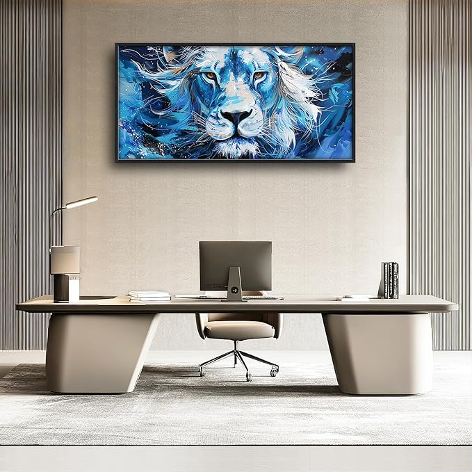 Framed Large Wall Art for Living Room, Lion Canvas Wall Decor, Blue Animal Pictures Painting, Modern Landscape Artwork for Bedroom Office 60L'' × 30W''