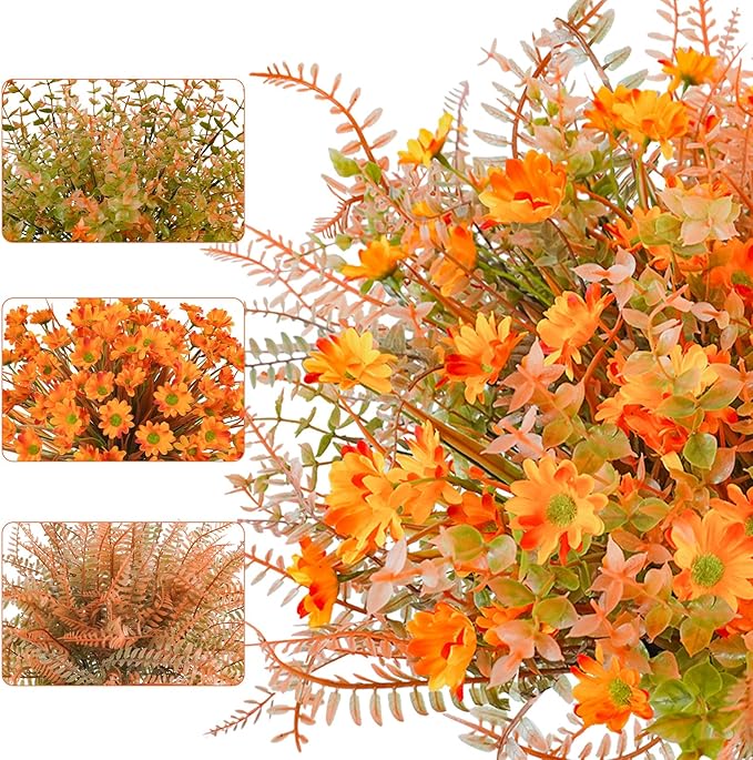 24 Pcs Artificial Fall Flowers for Outdoors Fake Fall Flowers UV Resistant Faux Fall Mums Plants Autumn Decor for Outside Home Planter Front Porch Garden