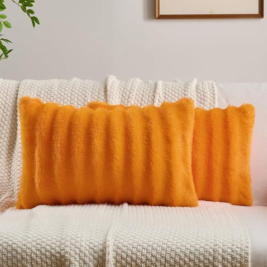 FUTEI Orange Decorative Throw Pillow Covers 12x20 Inch Set of 2,Soft Fluffy Faux Mink Fur Dyeing Striped Textured Lumbar Pillow Case,Modern Home Decor for Couch Bed Living Room