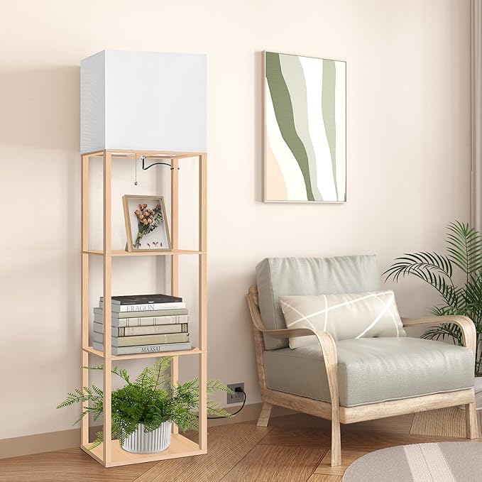 Dott Arts Floor Lamp with Shelves, Wide Floor Lamps for Living Room Display Shelf Lamps with 3 Color LED Bulb,Storage Wood Modern Floor Lamp for Bedroom Standing Lamp for Living Room Office（Burlywood）