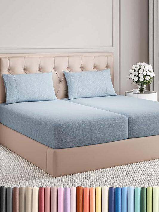 Split King Size 5 Piece Sheet Set - Comfy Breathable & Cooling Bed Sheets Set - Hotel Luxury Bedding for Women, Men, Kids, Teens, Boys & Girls - Deep Pockets & Wrinkle Free - Blue (Heathered Sheets)