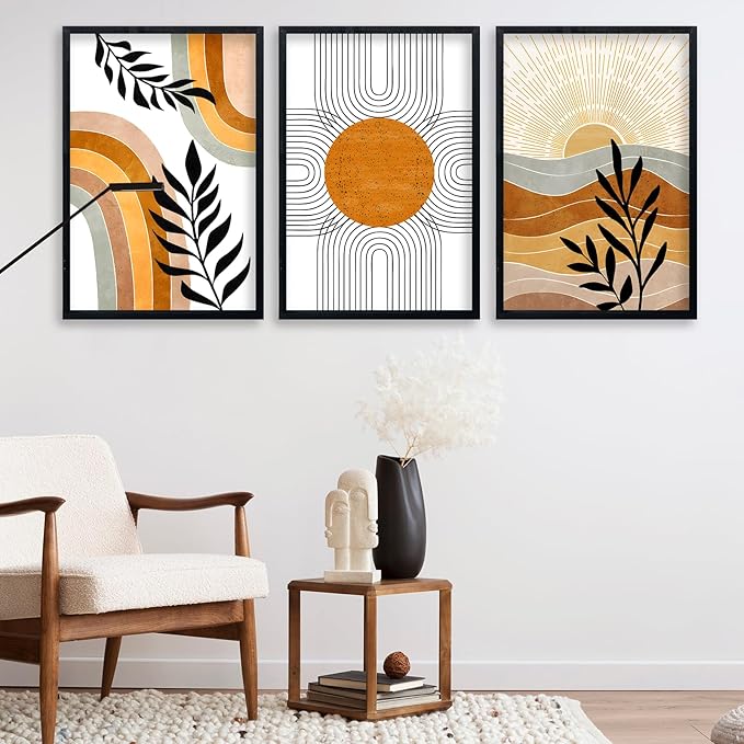 Geometric Sun Desert Plant Wall Art 16"x24" Set Of 3 Boho Wooden Framed Abstract Minimalist Sign Living Room Aesthetics Botanical Nature Illustrations Bedroom Office Wall Hanging Decor (Black)