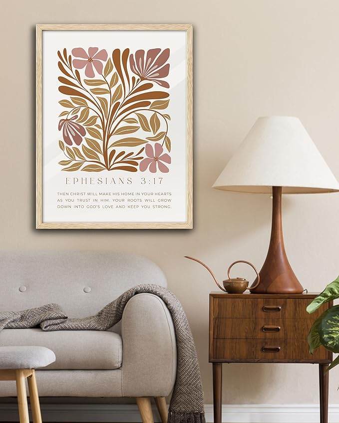 EcoHest Bible Verse Floral Framed Wall Art, Large 16x20 in OAK Wood Abstract Flowers Canvas Wall Art, Ephesians 3:17 Home Decor, Beige Logs Boho Christ Set of 1 for Bedroom Living Room