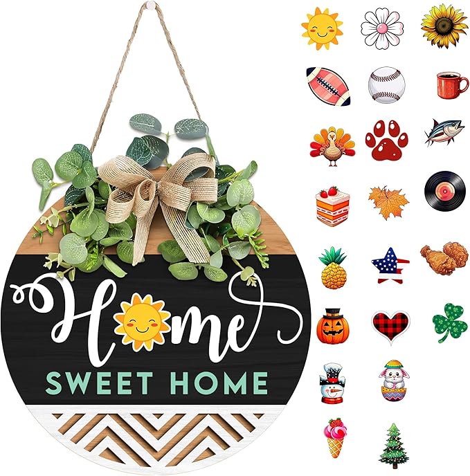 GOSSBY Interchangeable Welcome Sign for Front Door - HOME SWEET HOME - Seasonal Rustic Wood Wreath - Hanging Wall Sign Decoration for Outside, Porch, Farmhouse - New Home, Housewarming Gift