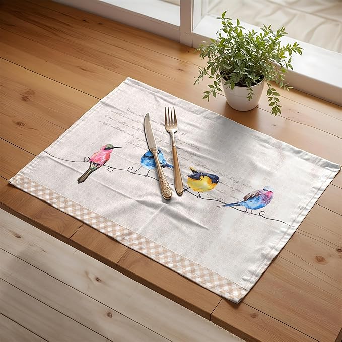 Maison d' Hermine Placemats Set of 4 100% Cotton Washable Cloth Place Mats, Reusable Table Mats for Kitchen Dining Decoration, Party, Wedding, Restaurant Spring/Summer (Birdies On Wire, 13" x 19")