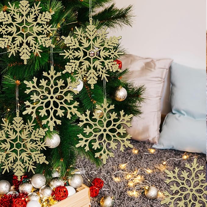 6pcs Large Gold Snowflakes Ornaments 12" Big Plastic Glitter Snowflake for Winter Indoor Outdoor Christmas Tree Window Room Decorations Giant Craft Snowflakes