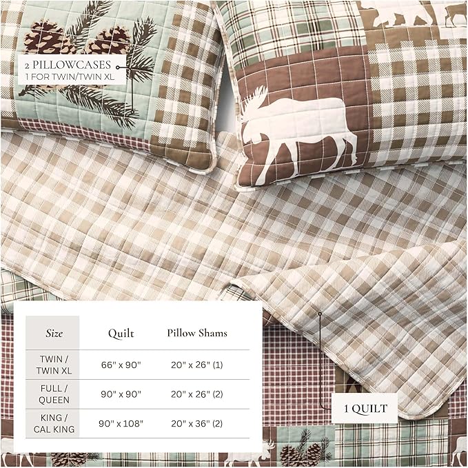 Rustic Cabin Full/Queen Size Quilt Set with Shams - All-Season, Lightweight, Reversible Bedspread - Lodge-Themed Summer Bedding Sets (Full/Queen, Hemlock Green/Brown)