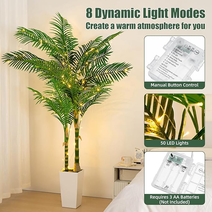 7ft Artificial Golden Cane Palm Tree with LED Fairy Lights & White Tall Planter-Lifelike Faux Tropical Palm with Realistic Trunk and Palm Leaves for Indoor Home Office Living Room Corner Decor