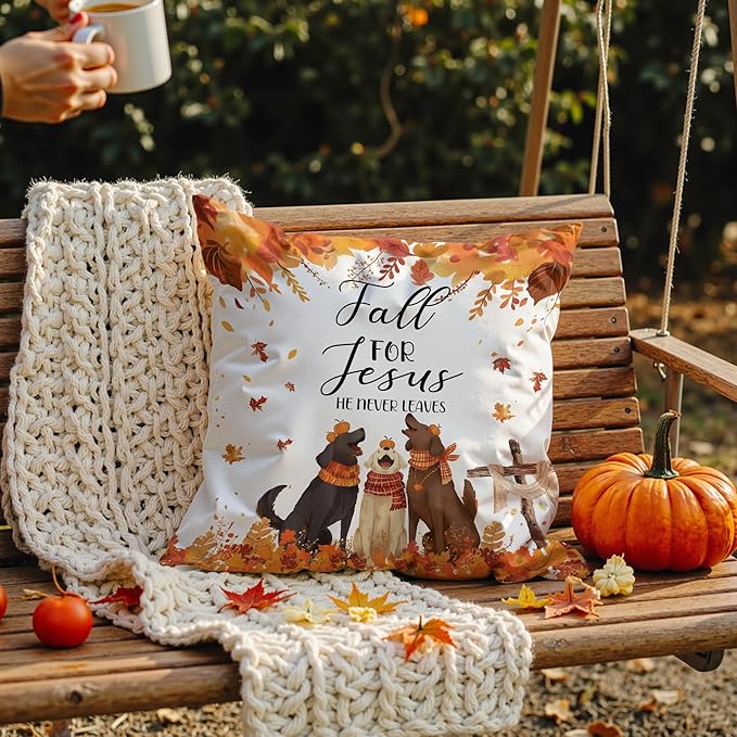 Christian Fall Dog Pillow Covers 18x18, Farmhouse Autumn Decor, Fall for Jesus He Never Leaves Pumpkin Autumn Maple Leaves Funny Puppy Decorative Throw Pillow Covers for Home Bedroom Living Room