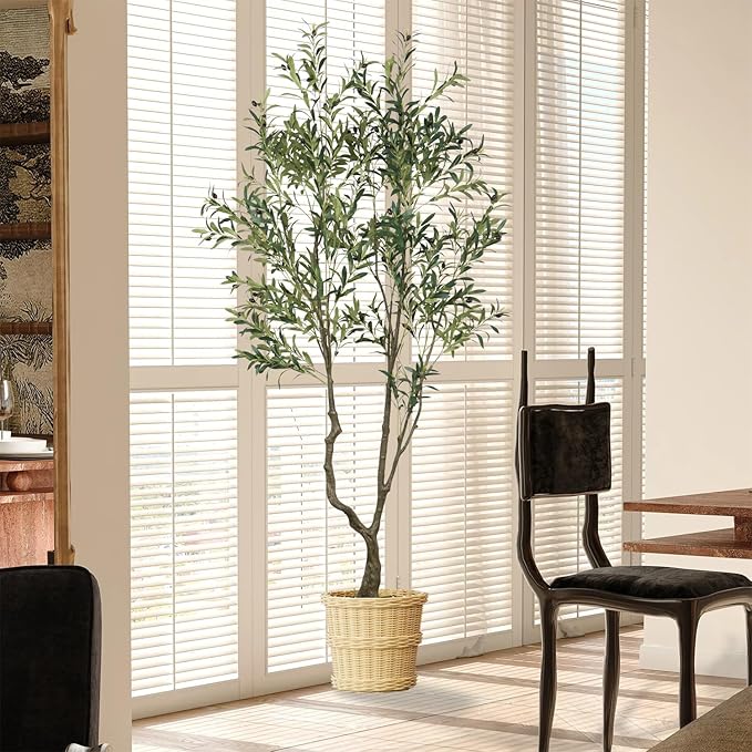 Faux Olive Tree 7.55ft(90in) Tall Artificial Plant Indoor Decor Large Realistic Potted Fake Modern Greenery with Natural Wood Branches and Green Leaves for Home Living Room,Bedroom,Office Decor