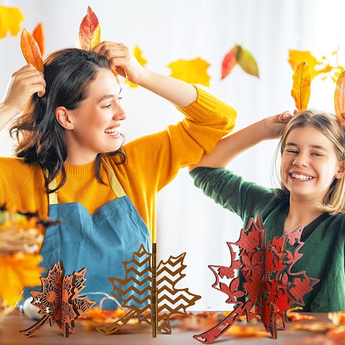 Soaoo 12 Pcs Fall Leaves Decorations Farmhouse 3D Thanksgiving Table Centerpiece Decor Wooden Maple Leaf Block Signs for Autumn Harvest Tiered Tray Party Shelf Display