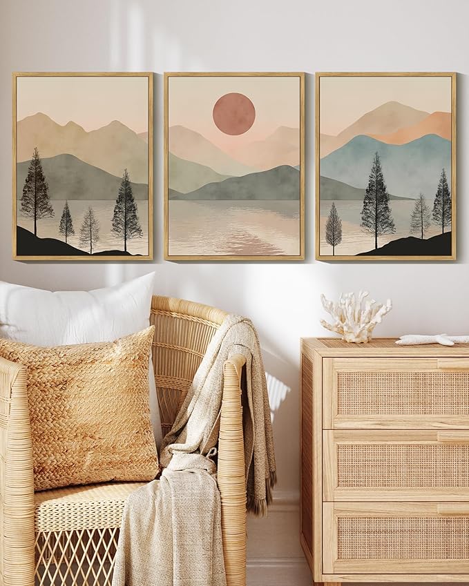 KUVIOKE Vintage Landscape Framed Wall Art Mountain Range Wall Decor Ink Wash Watercolor Nature Laker Sun Rises Prints Bedroom Living Dining Room Ready to Hang 11x14in (Natural Framed)