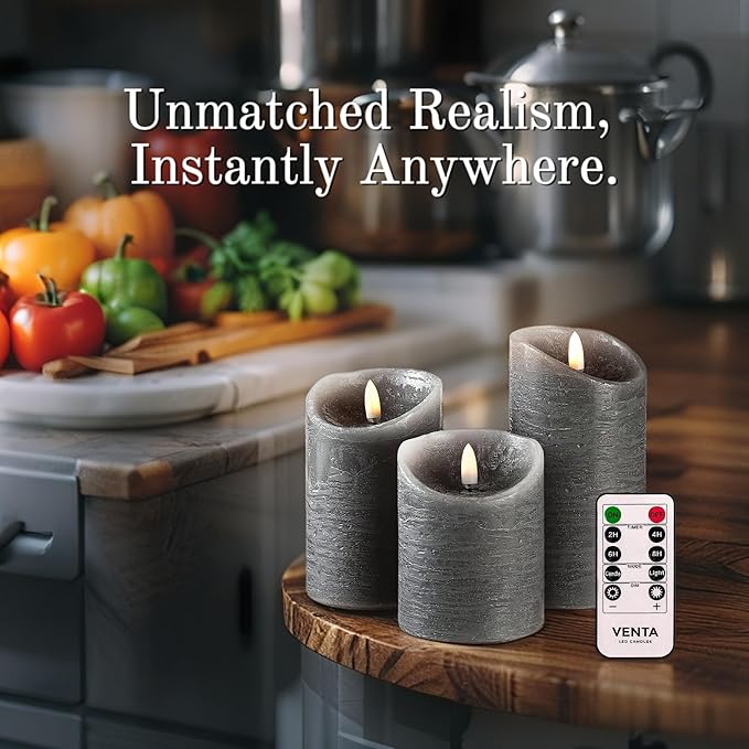 VENTA Grey Flameless Pillar Candles, Set of 3 | Real Wax Battery Operated LED Candles with Remote & Timer | Perfect for Modern Farmhouse, Industrial & Minimalist Decor