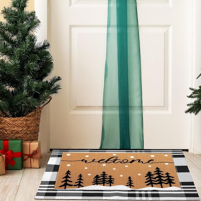 2 Pcs Door Mat Welcome Non Slip Coir Mats Floor Layering Doormats Seasonal for Front Porch Entryway Decor(Snowy Tree)